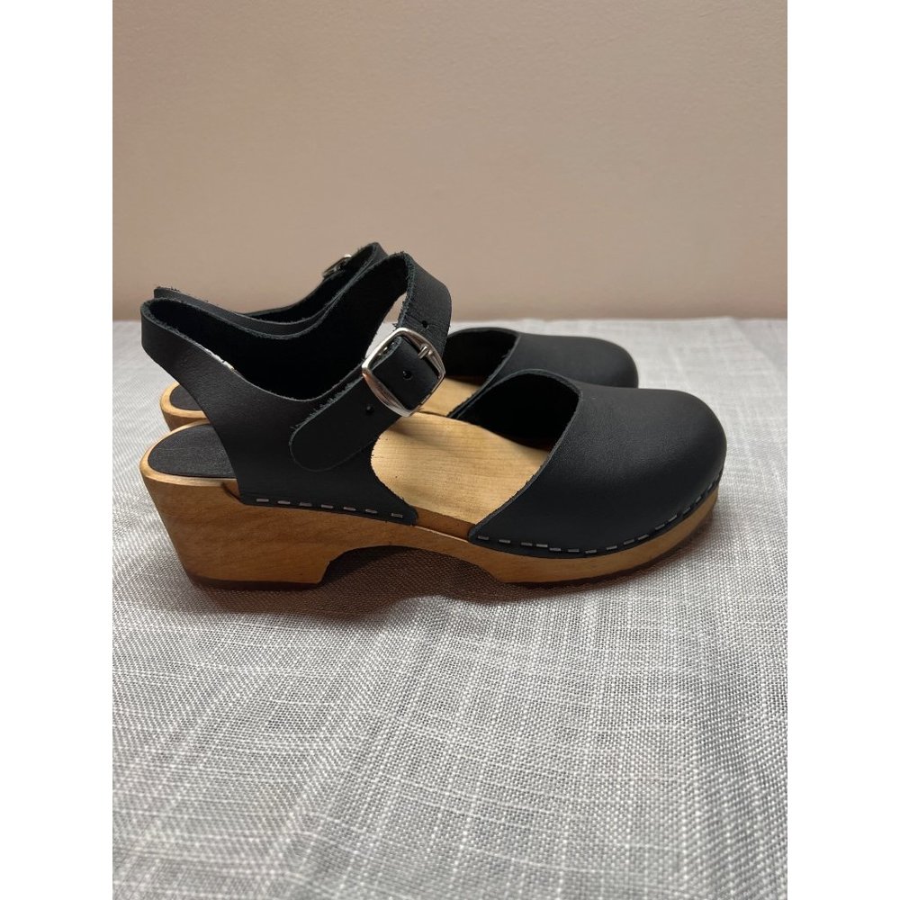 MIA Black Leather Mary Jane Clog Mules with Wood Platform